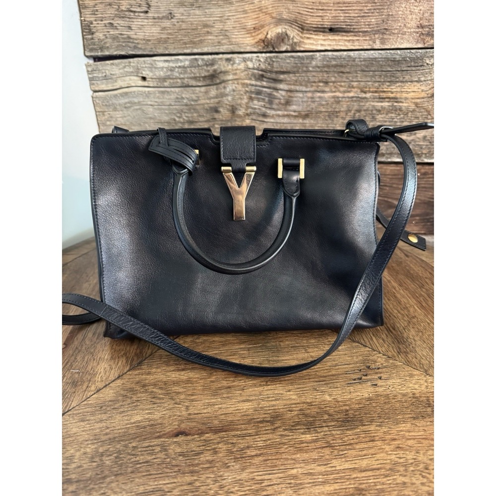 HJ YSL Saint‎ Laurent Cabas Leather Navy Y Ligne Top Handle Shoulder Bag Purse